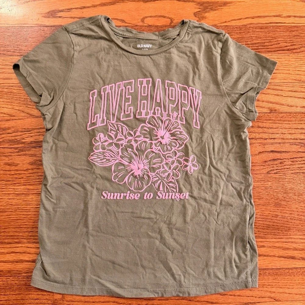 Old Navy Live Happy Sunrise to Sunset Floral Cotton‎ Olive Short Sleeve Tee L